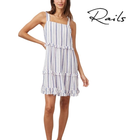Rails Sandy Dress Linen Tahiti Stripe ParallelRuffles Layers Flowy Tiered Skirt - Picture 1 of 14